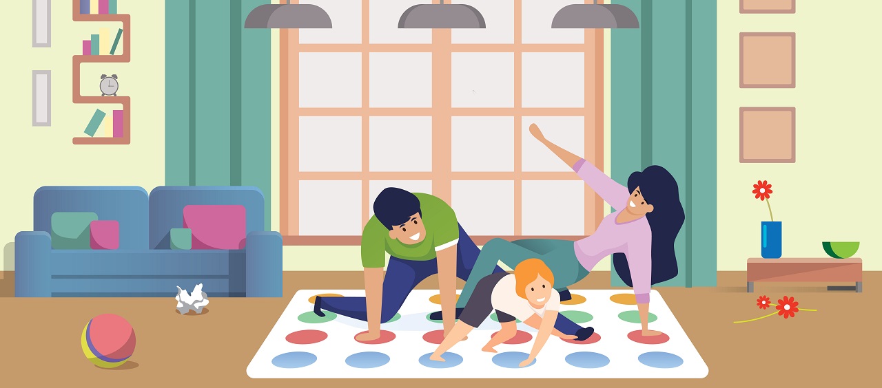 an illustration of a man, woman and child playing twister on the floor in their living room